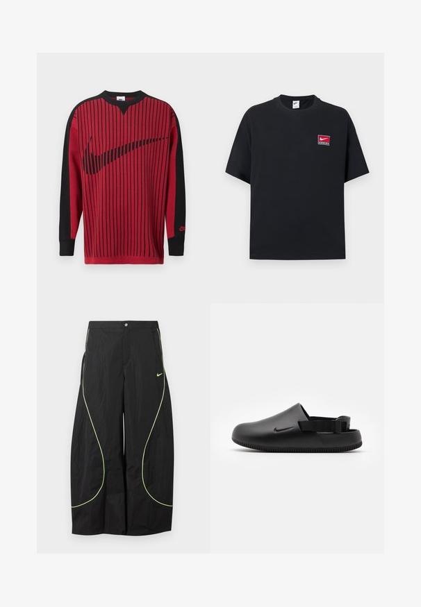 Roter Strick-Sweatshirt mit schwarzen vertikalen Streifen, schwarzen Ärmeln und einem schwarzen Nike-Logo. Verfügt über einen Rundhalsausschnitt und gerippte Bündchen.; Schwarzes Nike-T-Shirt mit kurzen Ärmeln und Rundhalsausschnitt, mit einem kleinen roten und weißen Nike-Logo auf der linken Brust.; Schwarze Nike-Hose mit weitem Bein, neongrünem, geschwungenem Paspel und kleinem Nike-Swoosh-Logo auf dem rechten Oberschenkel, mit Knopf- und Reißverschlussbund.; Schwarze geformte Clogs mit glatter Textur, einem Hinterriemen für Stabilität und einer geriffelten Sohle für Grip. Mit kleinem Logo an der Seite.