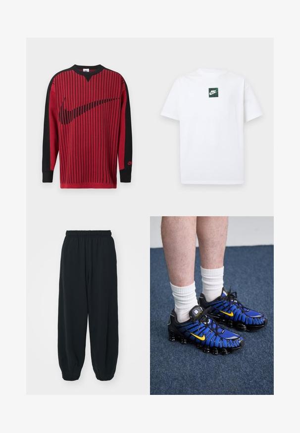 Rød strikket sweatshirt med sorte lodrette striber, sorte ærmer og en sort Nike-logo. Har rund hals og ribbet ærmekanter.; Hvid Nike T-shirt med korte ærmer og et lille grønt firkantet logo med Nike swoosh og tekst centreret på brystet.; Sorte svedbukser med elastisk talje, løs pasform, afsluttede ankler, glat tekstur og uden synlige mønstre eller hardware-detaljer.; Blå og sorte sportssko har et mesh-design, gule accenter og en segmenteret sål. Bæres med hvide ankelstrømper.
