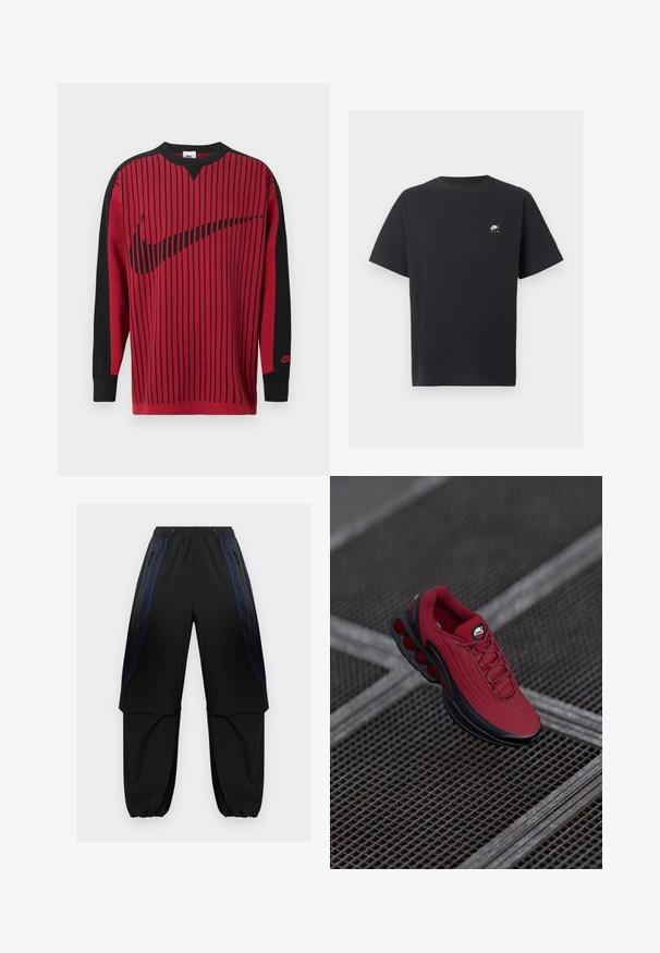 Roter Strick-Sweatshirt mit schwarzen vertikalen Streifen, schwarzen Ärmeln und einem schwarzen Nike-Logo. Verfügt über einen Rundhalsausschnitt und gerippte Bündchen.; Schwarzes Nike Air T-Shirt mit kurzen Ärmeln, Rundhalsausschnitt und kleinem weißen Logo auf der linken Brust.; Schwarze und dunkelblaue Cargo-Hosen mit elastischem Bund und Bündchen, ausgestattet mit seitlichen Reißverschlusstaschen und überlappenden Stoffpaneelen an den Oberschenkeln.; Rote Sneaker mit strukturiertem Obermaterial, ausgestattet mit schwarzen Akzenten und einem auffälligen Luftpolstersohlen-Design. Schnürsenkel und Logo sind oben sichtbar.