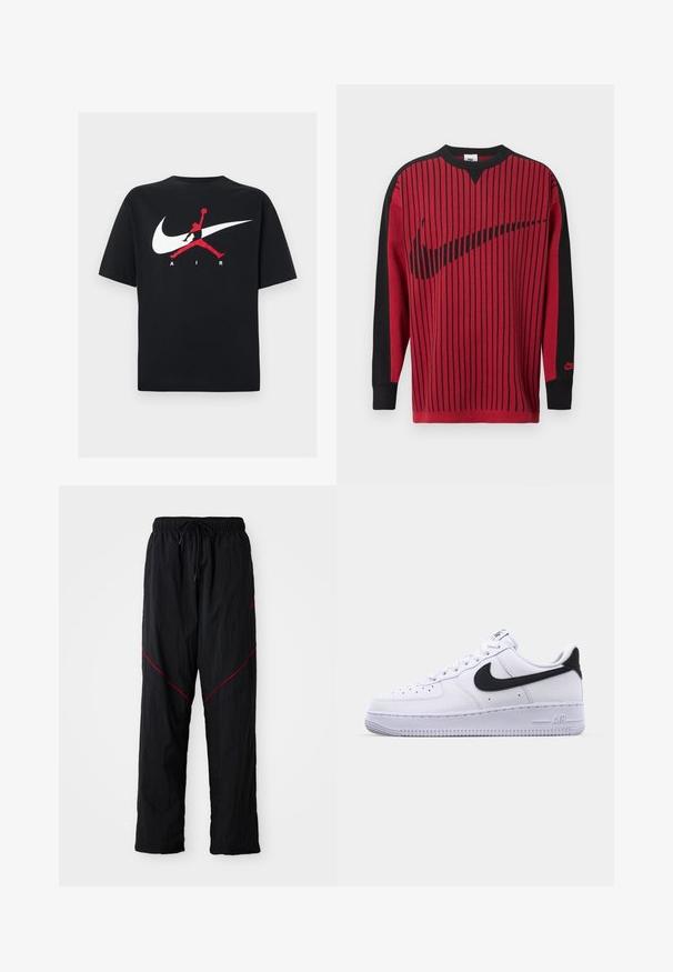 Sweatshirt en maille rouge avec des rayures verticales noires, des manches noires et un logo Nike noir. Dispose d'un col rond et de poignets côtelés.; T-shirt en coton noir à col rond, avec un grand logo Nike swoosh blanc et un logo Jumpman rouge accompagné du texte "AIR" en blanc.; Pantalons de sport noirs avec une finition texturée, dotés d'une taille à cordon, de lignes d'accent rouge et d'une coupe ample.; Sneaker en cuir blanc avec un Swoosh noir texturé, des lacets plats et une semelle en caoutchouc avec un motif strié. "AIR" est embossé sur le talon.
