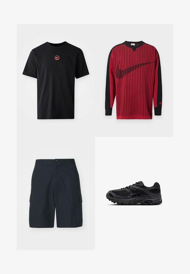 Roter Strick-Sweatshirt mit schwarzen vertikalen Streifen, schwarzen Ärmeln und einem schwarzen Nike-Logo. Verfügt über einen Rundhalsausschnitt und gerippte Bündchen.; Schwarzes kurzärmeliges T-Shirt aus Baumwolle mit einem sechseckigen roten und weißen Nike-Logo auf der Brust und einem abgerundeten Ausschnitt.; Dunkelblaue Cargo-Shorts aus leichtem Stoff. Mit Seitentaschen, einem Knopfverschluss und einem schlichten, taillierten Design.; Schwarzer und dunkelgrauer Nike Laufschuh mit Mesh-Gewebe, Wildleder-Overlays, gepolsterter Sohle und sichtbaren Lufteinheiten in Ferse und Vorfuß.