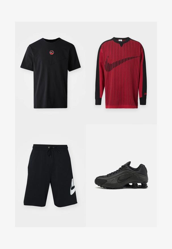 Rød strikket sweatshirt med sorte lodrette striber, sorte ærmer og en sort Nike-logo. Har rund hals og ribbet ærmekanter.; Sort kortærmet T-shirt i bomuld med et sekskantet rødt og hvidt Nike-logo på brystet og en rund halsudskæring.; Sorte bomuldsshorts med drapering i taljen, sidelommer og stort hvidt Nike-logo trykt på venstre lår. Klassisk atletisk design.; Sorte løbesko med en glat syntetisk overdel, perforerede detaljer, teksturerede sidedele og en distinkt fjedrende sål.