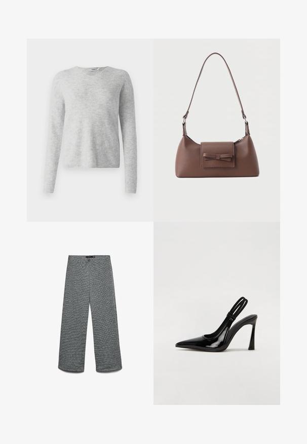 Pull en maille gris avec une texture côtelée, des manches longues et un décolleté en V. Apparence simple et minimaliste.; Pantalon à jambes larges en tissu tricoté gris texturé. Doté d'une taille haute et de jambes droites, offrant une coupe décontractée.; Escarpin en cuir verni noir à talon aiguille, à bout pointu, avec une sangle élastique double pour un maintien sécurisé. Surface lisse et brillante.; Sac à bandoulière en cuir marron avec une poche à rabat avant ornée d'un détail en forme de nœud cousu et une sangle réglable.