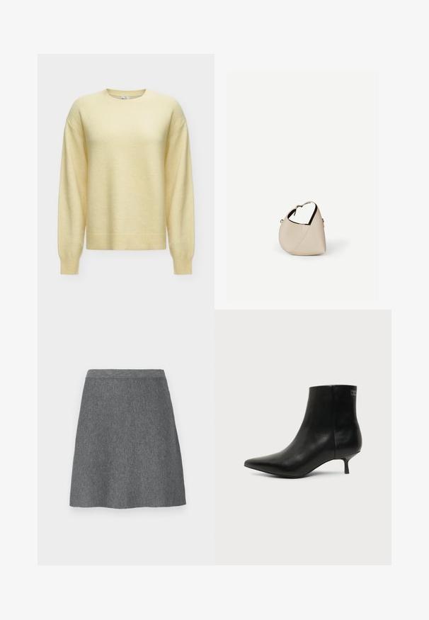 Pull jaune doux à manches longues avec col rond, poignets et ourlet côtelés, présenté sur un fond gris clair uni.; Jupe en laine grise avec une taille ajustée, forme évasée et texture lisse. Pas de poches ni de détails métalliques visibles.; Bottine en cuir noir avec bout pointu et petit talon kitten sur fond clair, vue côté extérieur.; Sac à main en cuir beige en forme de croissant avec une seule bandoulière et des coutures minimalistes, posé sur un fond blanc uni.