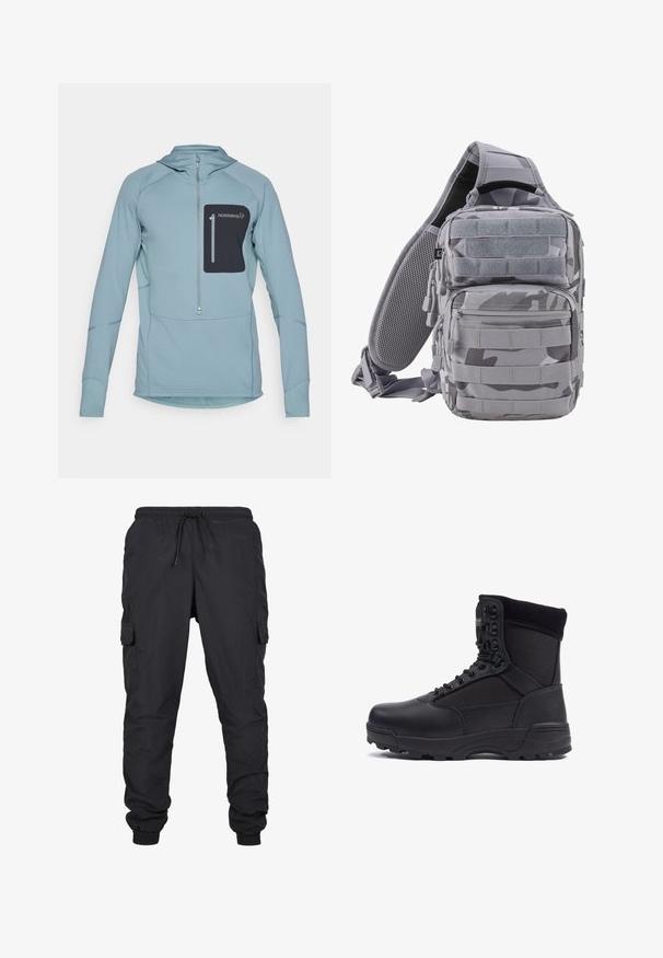Lyseblå langærmet pullover-hoodie med lynlås og en sort lynlåslomme på brystet. Lavet af struktureret stof med syede detaljer.; Sorte cargo bukser med elastisk talje og snoretræk, med sidelommer og manchetter. Lavet af let og holdbart stof.; Sort taktisk støvle med en glat læderoverdel og stofpaneler, høj ankeldesign, snørebånd foran og slidstærk gummisål.; Brandit US COOPER EVERYDAYCARRY-SLING - Skuldertasker - blizzard camo