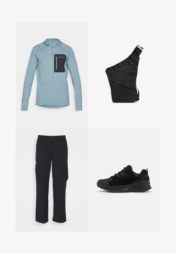 Hoodie à manches longues bleu clair avec fermeture éclair et une poche poitrine zippée noire. Fabriqué en tissu texturé avec des détails cousus.; Pantalons cargo noirs en tissu tissé. Dotés d'une taille réglable, de poches latérales et de deux poches utilitaires avec zips.; Chaussure de sport noire dotée d'un upper en mesh et en synthétique, d'une semelle en caoutchouc texturé, d'accents déperlant et de détails réfléchissants.; bugatti BLANC DELIGHT - Sac bandoulière - schwarz