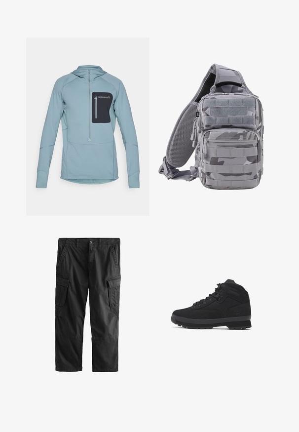 Lyseblå langærmet pullover-hoodie med lynlås og en sort lynlåslomme på brystet. Lavet af struktureret stof med syede detaljer.; Sorte cargobukser med forreste knaplukning, to sidelommer og knapklappede lommer på hvert lår.; Sorte mellemhøje vandrestøvler lavet af ruskind og nylon, med runde snørebånd, forstærkede kroge og en struktureret gummisål med mønstret slidbane.; Brandit US COOPER EVERYDAYCARRY-SLING - Skuldertasker - blizzard camo