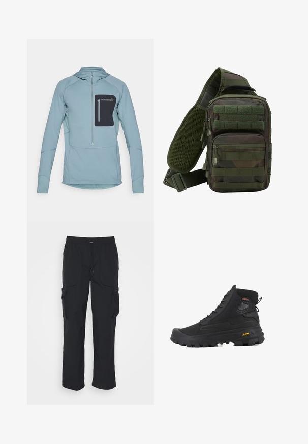 Lyseblå langærmet pullover-hoodie med lynlås og en sort lynlåslomme på brystet. Lavet af struktureret stof med syede detaljer.; Sorte cargo-bukser lavet af vævet stof. Har justerbar talje, sidelommer og to værktøjslommer med lynlås.; Sorte høj-top støvler med en tekstureret overflade, der har et vandtæt design, snøresystem og en markant gummisål med Vibram-branding.; Grøn camouflage sling rygsæk med flere lynlåslommer, en justerbar rem og et netpanel på ryggen for ventilation.