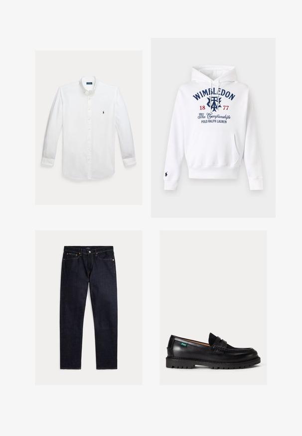 Weißer Hoodie mit Fronttasche, "Wimbledon 1877 The Championships Polo Ralph Lauren" in Navy und Rot auf der Brust bestickt.; Weißes Hemd mit langen Ärmeln, Knopfleiste, Kragen und kleinem dunkelblauem Polo Ralph Lauren Logo auf der Brust gestickt.; Dunkel indigoblaue Jeans mit geradem Bein, fünf Taschen, Knopf- und Reißverschluss und kontrastierenden orangen Nähten auf einfarbigem Hintergrund.; Schwarzer Lederloafer mit dicker Sohle, abgerundeter Spitze und grünem Polo-Logo-Label an der Seite.