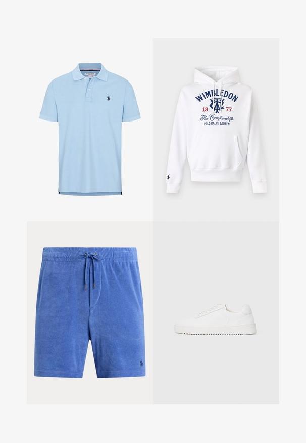Hvid hættetrøje med frontlomme, "Wimbledon 1877 The Championships Polo Ralph Lauren" broderet i navy og rød på brystet.; Lyseblå kortærmet polo skjorte lavet af blød bomuld. Har en tre-knaps lukning, krave og broderet logo på brystet.; Blå frottéshorts med elastisk talje og snøre, med lille broderet logo nær kanten.; Hvid sneaker med en glat læderoverdel, rund tå, snørebånd, teksturerede sideaccenter og en tyk gummisål. Minimalistisk design.