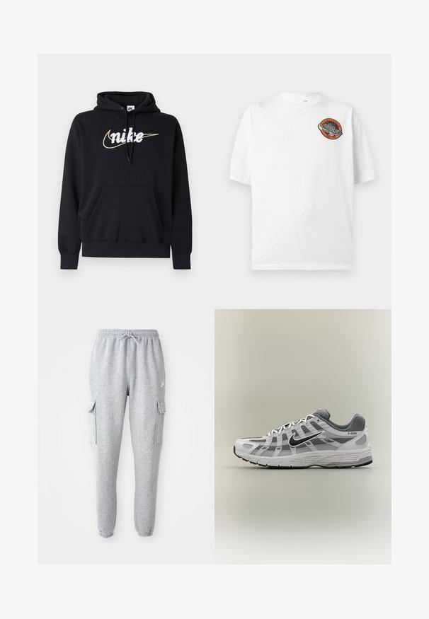 Schwarzer Kapuzenpullover aus weichem Stoff, mit einer Fronttasche, Kordelzugkapuze und weißem Nike-Logo mit goldenem Akzent.; Weißes kurzärmeliges T-Shirt mit einem kleinen runden weltraumbezogenen Aufnäher mit einer Rakete und dem Text „High Balance Athletics Since 1908“ auf der Brust.; Graue Sweatpants aus weichem Material, mit elastischem Bund und Kordelzug, zwei seitlichen Cargo-Taschen und schmal zulaufenden Bündchen.; Weißer und grauer Nike P-6000 Sneaker mit schwarzem Swoosh, Netzpaneelen und strukturierter Sohle, seitlich auf neutralem Hintergrund dargestellt.