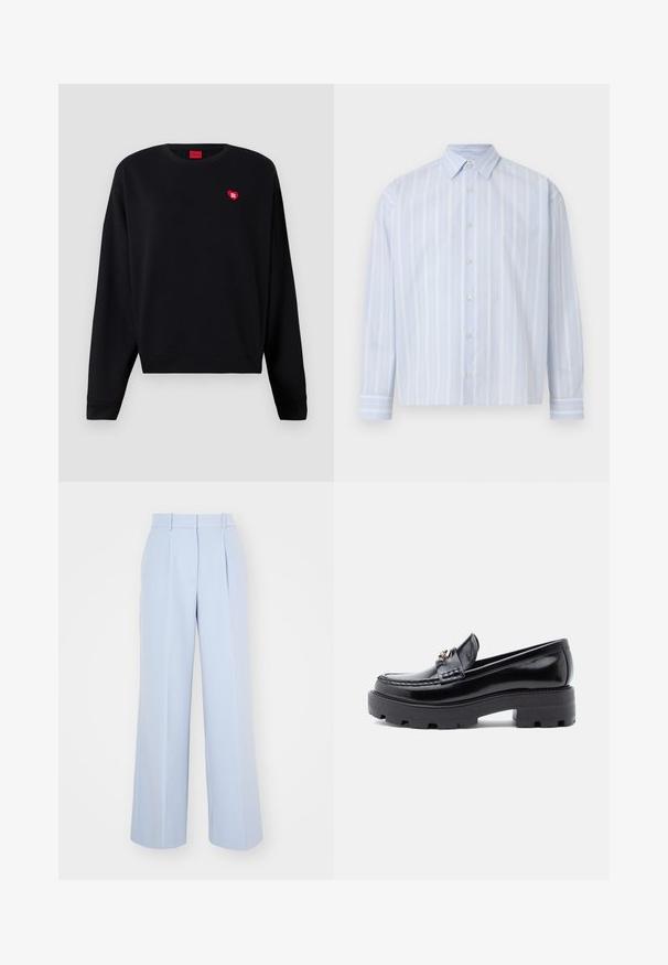Sort sweatshirt i et blødt materiale med rund halsudskæring og ribbede manchetter. Har et lille rødt hjerte-logo på brystet.; Lyseblå skjorte med lange ærmer, knapper foran, med subtile lodrette hvide striber og spids krave på en ensfarvet baggrund.; Lysblå vidde bukser med høj talje, der har plisseringer foran, lavet af et glat, vævet stof. Ingen synlig hardware.; Sort patenteret læder loafer med en tykk, struktureret sort sål, prydet med en dekorativ detalje på vampsen og et rundt tådesign.