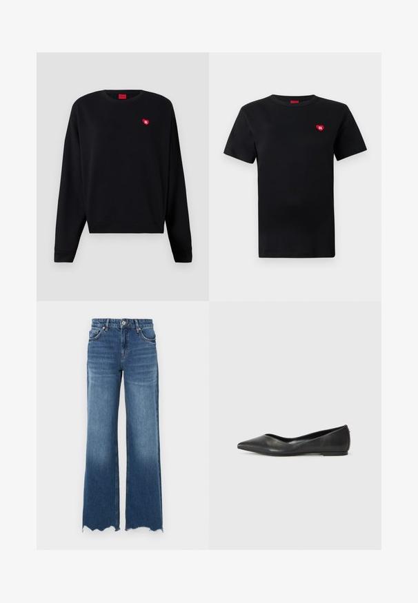 Zwarte sweatshirt van een zacht materiaal met een ronde halslijn en geribde mouwen. Heeft een klein rood hartlogo op de borst.; Zwarte katoenen T-shirt met korte mouwen, ronde halslijn, voorzien van een klein rood hartlogo met de tekst "HUGO" op de linkerborst.; Denim flare jeans met een medium blauwe wassing, voorzien van een rafelige zoom, vijf zakken en een knoopsluiting aan de voorkant.; Zwarte leren ballerina met een spitse neus, lage hak en een gladde structuur. Minimalistisch ontwerp met een subtiele zijaccent.