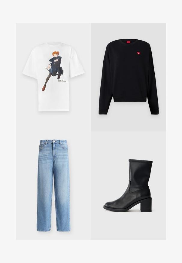 Sweatshirt noir en matériau doux avec un col rond et des poignets côtelés. Présente un petit logo en forme de cœur rouge sur la poitrine.; T-shirt en coton blanc présentant un motif graphique d'un personnage aux cheveux orange, portant un manteau bleu et des leggings noirs. Texte "Jujutsu Kaisen" inclus.; Jean bleu clair taille haute à jambes droites avec fermeture avant à boutons et zip, passants de ceinture et poches avant sur fond blanc.; Botte en cuir noir à cheville avec un bout rond, texture lisse et un talon épais, présentant un tige ajustée et un subtil détail de couture.