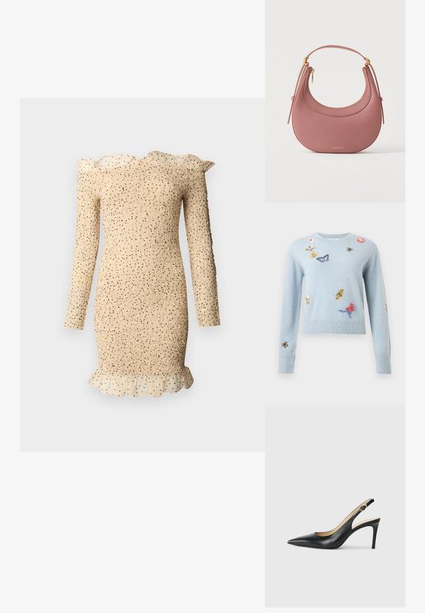 Pull en tricot bleu clair avec des papillons, abeilles, fleurs et feuilles brodés dispersés sur le devant et les manches.; Robe longue à manches longues, beige texturée avec col et ourlet à volants, présentant une surcouche transparente à pois sur les détails à volants.; Escarpins en cuir noir avec une pointe fine, une bride ajustable et un talon aiguille élégant, présentant une finition lisse.; Sac à main demi-lune en cuir texturé rose avec une anse courte, une fermeture éclair dorée et un petit logo doré centré près du bas.