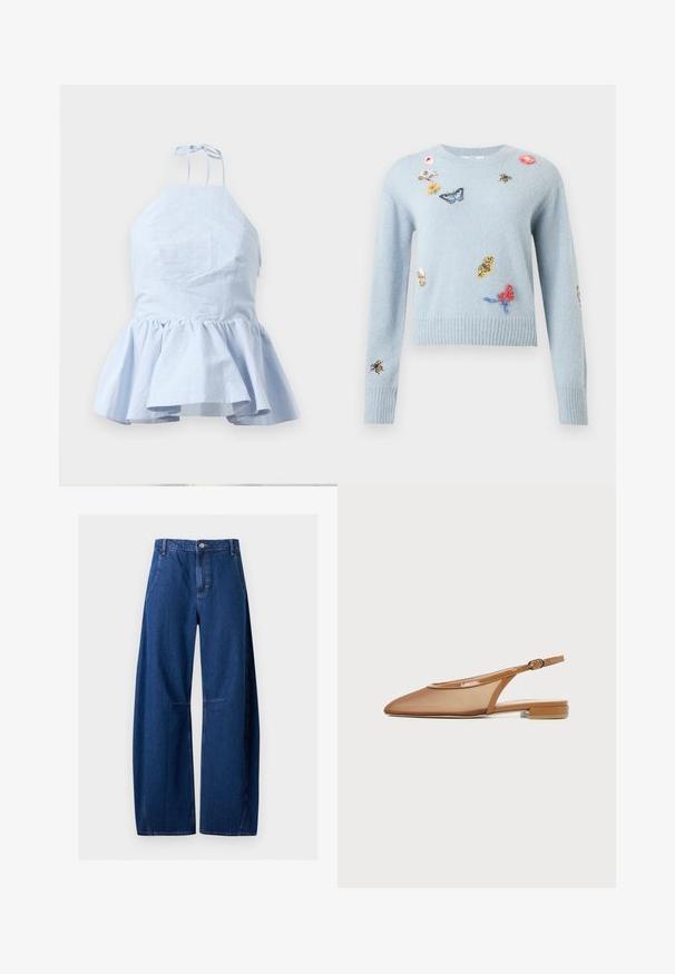 Lyseblå strikket sweater med broderede sommerfugle, bier, blomster og blade, der er spredt over for- og ærmer.; Lys blå halterneck-top med peplum-design, har tynde stropper, tekstureret stof og en samlet kant for en flared silhuet.; Mørkeblå jeans med høj talje og vide ben, med frontknap, lynlås, sidelommer og syninger ved knæene.; Brun flad slingback sko med spids tå, mesh overdel, lakdetaljer og lille blokhæl, vist i sideprofil.