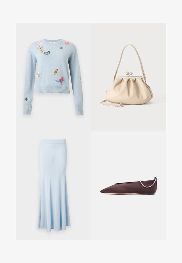 Lyseblå strikket sweater med broderede sommerfugle, bier, blomster og blade, der er spredt over for- og ærmer.; Lys blå strikket nederdel med flagrende kant, mellemlang design og ribbet talje. Glat tekstur, ingen synlige mønstre eller detaljer.; Mørkebrun flad sko med spids tå, lav hæl og en sølvfarvet rhinstenkæde detalje bagpå.; Beige blød læderhåndtaske med en sølv metalramme-lukning, enkelt skulderstrop og en valgfri kæderem på en hvid baggrund.