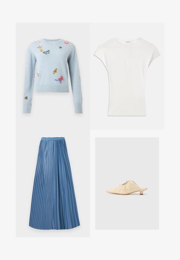 Pull en tricot bleu clair avec des papillons, abeilles, fleurs et feuilles brodés dispersés sur le devant et les manches.; Chemise blanche à manches courtes en tissu côtelé doux. Encolure ras du cou ; coupe décontractée avec des manches légèrement bouffantes. Étiquette de la marque visible au niveau de l'encolure.; Jupe plissée bleu longueur cheville avec des plis de largeurs inégales et une ceinture ajustée sur fond blanc.; Chaussure en cuir couleur crème à enfiler avec un bout pointu, des détails froncés à l'avant et un petit talon carré.