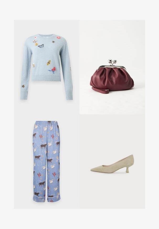 Lichtblauwe gebreide trui met geborduurde vlinders, bijen, bloemen en bladeren verspreid over de voorkant en mouwen.; Blauwe pyjamabroek met een speels patroon van koeien, mythische wezens en hemellichamen; elastische tailleband en wijde pijpen.; Beige suède pump met puntige neus, lage hak en een slanke hak van gemiddelde hoogte op een effen witte achtergrond.; Kleine bordeauxrode leren clutch-portemonnee met zilverkleurige metalen sluiting en polsbandje op een witte achtergrond.