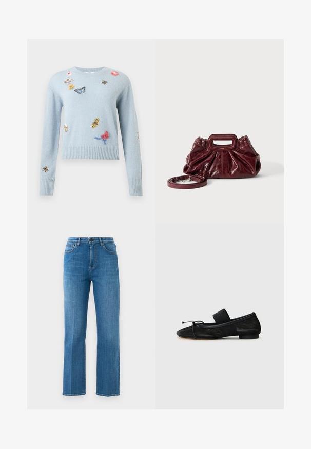 Lichtblauwe gebreide trui met geborduurde vlinders, bijen, bloemen en bladeren verspreid over de voorkant en mouwen.; Rechtersnit blauwe denim jeans met voorzakken, riemlussen, ritssluiting en knoopsluiting tegen een vlakke witte achtergrond.; Zwarte platte schoen met een spitse neus, gemaakt van gestructureerde stof, met een strikaccent en een kleine, ronde hak. Elastische strap bij de enkel.; Kleine donkerrode leren handtas met geplooide textuur, rechthoekig handvat met uitsparing en afneembare schouderriem tegen een witte achtergrond.