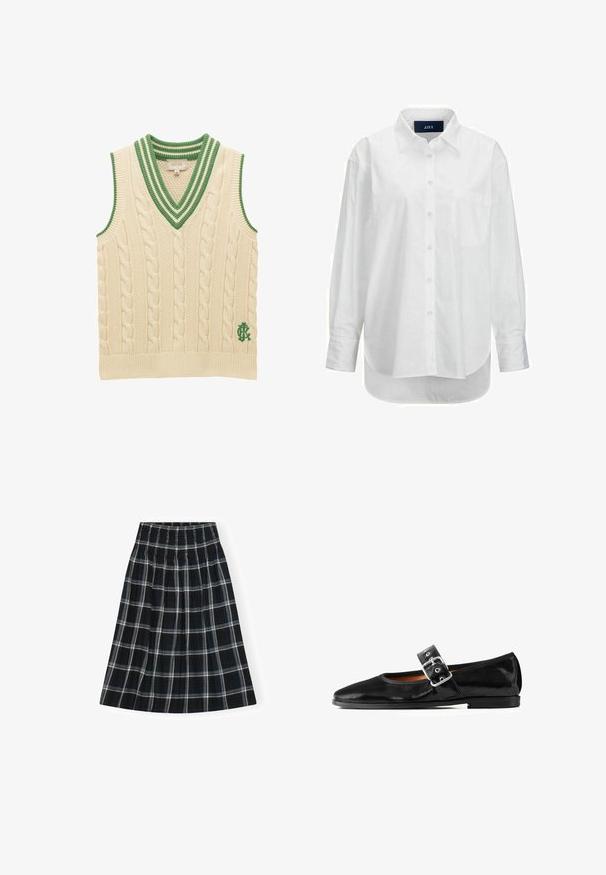 Crèmekleurig kabelgebreid mouwloos vest met groen gestreepte V-hals en groen geborduurd logo vlak bij de zoom.; Witte lange mouwen shirt van glad katoen met een button-down kraag, voorzak en ronde zoom. Heeft een achterpand voor extra structuur.; Zwart-witte geruite rok met een smockband in de taille, kniebestaan, met een uitlopende ontwerp en een zachte stoftextuur.; Zwarte Mary Jane platte schoen van lakleer, met een afgeronde neus, verstelbare gespband, textuur op het oppervlak, lage zool met minimale profielvoering.
