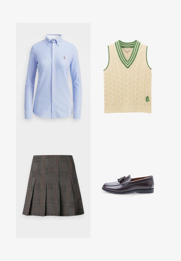 Chaleco sin mangas de punto con cable en color crema, con escote en V con rayas verdes y logo verde bordado cerca del dobladillo.; Camisa de botones a rayas azul claro y blanca con cuello, mangas largas y un pequeño logo bordado en la parte izquierda del pecho.; Falda de cuadros gris con pliegues, con intrincados patrones en blanco y negro, acentuados por delgadas líneas rojas. Está hecha de una tela estructurada.; Mocasín de cuero marrón oscuro con un acabado liso, que presenta un adorno decorativo de borla y una puntera redonda, montado sobre una suela de goma negra.