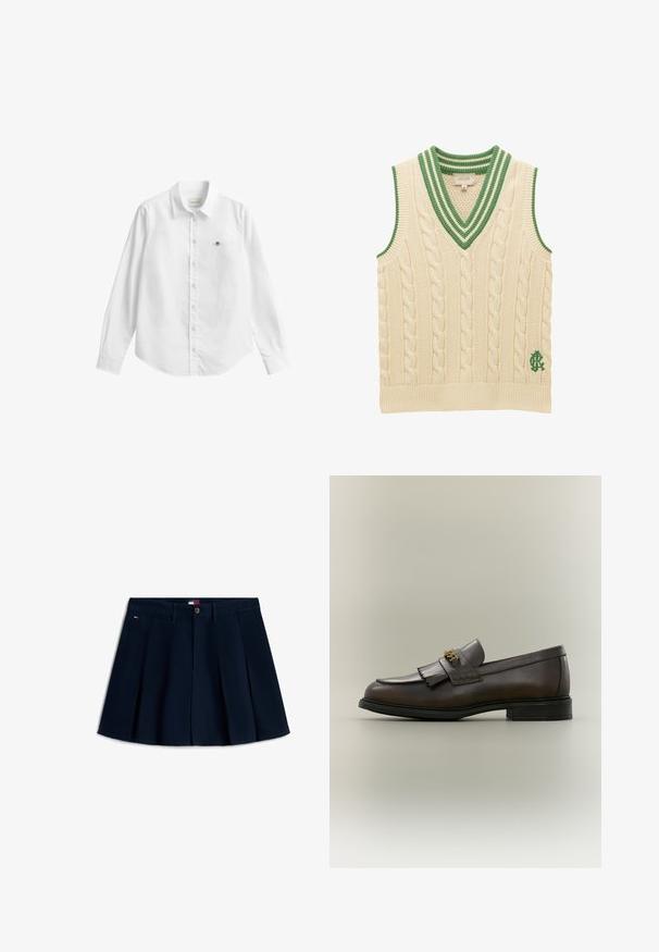 Chaleco sin mangas de punto con cable en color crema, con escote en V con rayas verdes y logo verde bordado cerca del dobladillo.; Camisa blanca de manga larga con botones, confeccionada en tela con una ligera textura. Cuenta con un bolsillo frontal con un pequeño logo bordado y un cuello clásico.; Minifalda plisada de color azul marino con botones frontales y cremallera, trabillas para cinturón, bolsillos laterales y pequeño logo en la cadera izquierda.; Mocasín de cuero marrón oscuro con detalle de flecos y hebilla dorada en suela negra, mostrado de lado sobre un fondo neutro.