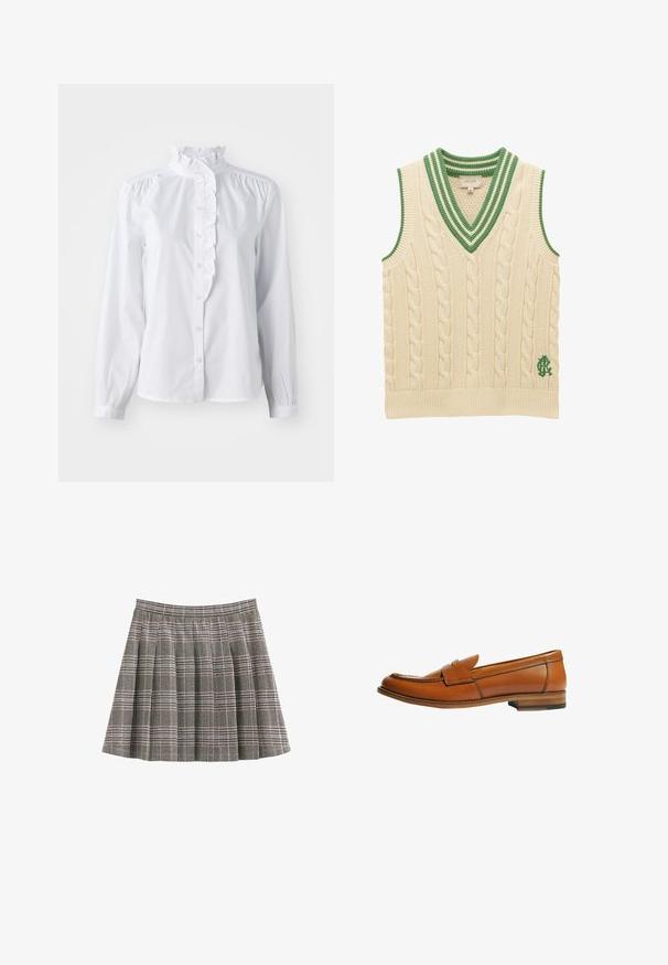 Crèmekleurig kabelgebreid mouwloos vest met groen gestreepte V-hals en groen geborduurd logo vlak bij de zoom.; Witte blouse met lange mouwen, met een gerimpelde hoge kraag en verticale ruches aan de voorkant. Lichtgewicht katoenen stof.; Geruite rok in zwart, wit en grijs met plooien en een aangesloten tailleband. Effen textuur met een klassiek tartanpatroon over de hele rok.; Bruine leren loafer met een platte hak, ronde neus en een decoratieve band over de wreef. Gladde textuur met contrasterende stikdetails.
