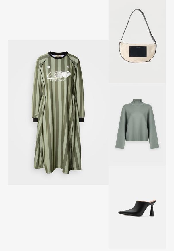 Lys salviegrøn striktrøje med lange, brede ærmer og høj ribbet turtleneck-krave på hvid baggrund.; Olivengrønt kjole med lodrette striber, lange ærmer og rund halsudskæring. Har et logo og en blomster grafik på brystet. Blødt stof.; Sorte lædermules med spids tå og en unik kegleformet hæl. Glat tekstur og minimalistisk design, åben bagside for nem påtagning.; Beige halvmåne skuldertaske med justerbar sort rem og rektangulært sort mærke foran.