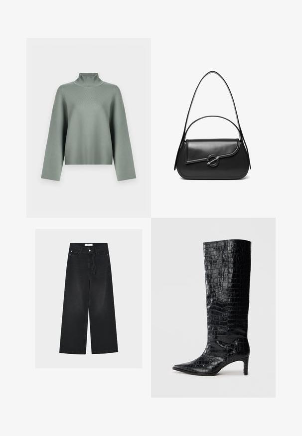 Lys salviegrøn striktrøje med lange, brede ærmer og høj ribbet turtleneck-krave på hvid baggrund.; Sorte vidde jeans med høj talje, bæltestropper, forreste knap- og lynlåslukning samt et stofbælte bundet i taljen.; Sorte knæhøje støvler med en blank, krokodillemønstret tekstur, spids tå og en affaset hæl. Glat syntetisk materiale.; Sort skuldertaske i læder med en buet klap, der er fastgjort med en rund metal spænde, og en slank, justerbar rem.