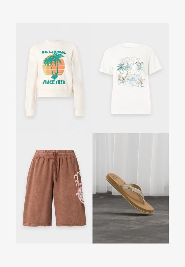 Sweatshirt crème avec des palmiers verts sur un cercle de coucher de soleil orange, avec les textes « Billabong » et « Depuis 1973 » sur le devant.; T-shirt blanc avec une scène tropicale représentant des palmiers, des vagues océaniques, et le texte "ROXY with heart" en couleurs pastel sur le devant.; Shorts marron jusqu'au genou avec taille élastique et cordon, avec un motif textuel floral blanc et rose partiel sur la jambe droite.; Sandale tong beige et marron clair avec semelle texturée et brides en tissu, posée sur un sol gris devant un rideau blanc.