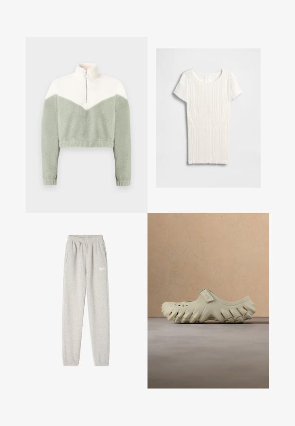 Croppede fleecejakke med half-zip krave i creme og lysegrønne farver, med et chevron-design og blødt, tekstureret stof.; Struktureret hvid top med korte ærmer, med vertikalt ribbet mønster og rund halsudskæring. Enkel design, blødt stof.; Grå sweatpants lavet af blød bomuldsblanding, med elastisk talje, sidelommer og et lille logo på venstre lår.; Beige Crocs-sko med ventilationshuller og tekstureret sål, der svæver over et beige tæppe, et træbord og en beige sofa i baggrunden.