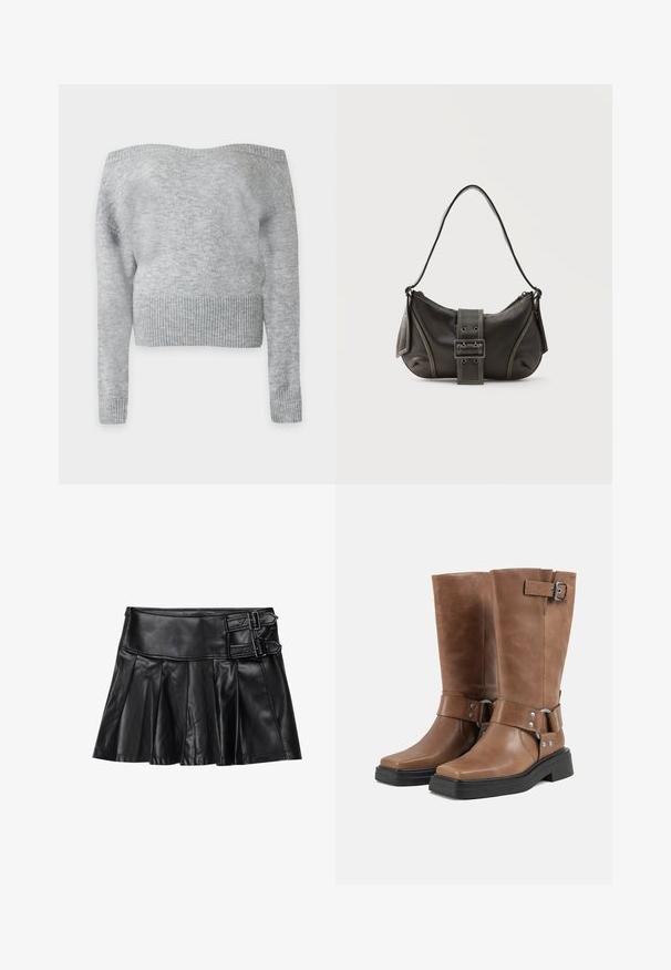 Lichtgrijze gebreide off-shoulder trui met lange mouwen en een brede geribde zoom en manchetten, getoond op een effen achtergrond.; Zwart leren rok met plooien, brede tailleband en twee gespaccents aan de zijkant. Glad textuur met een glanzende afwerking.; Een paar middenkuit bruine leren laarzen met zwarte grove zolen, zijriemen met metalen gespen en klinknagels en vierkante neuzen.; Zwarte leren schoudertas met gespsluiting aan de riem, afgeronde hoeken en contrasterende witte stiksels op een effen achtergrond.