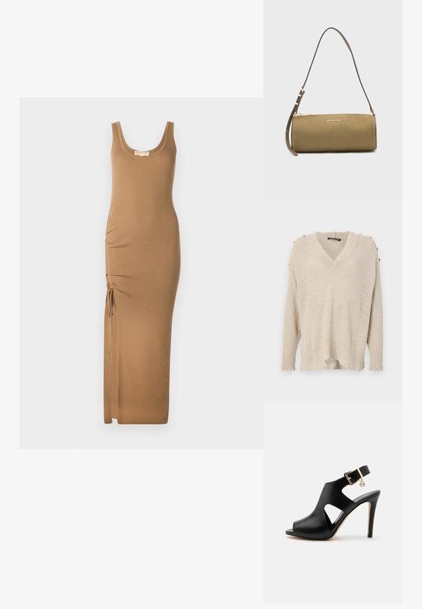Beige strikket sweater med V-udskæring, drop shoulder design og ribbet kant. Har guldknapper på skuldrene og et løst, struktureret stof.; Ribbet strik maxi kjole i lys brun, med scoop halsudskæring og justerbar side rynkning med snore til tilpasning.; Sort læderhøjhælet sandal med åben tå, sideskæringer, ankrem, gyldent spænde og lille rund vedhæng på en lys baggrund.; Olivengrøn cylindrisk lædertaske med en tynd justerbar rem og gyldt Michael Kors-logo foran.