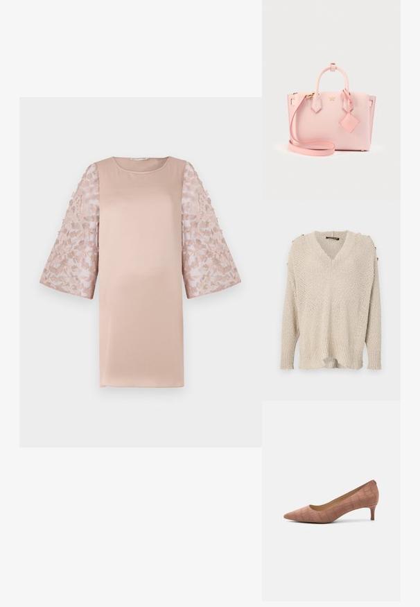 Pull en tricot beige avec un col en V, une conception à épaules tombantes et un ourlet côtelé. Doté de boutons dorés sur les épaules et d'un tissu texturé et ample.; Robe rose clair avec un corsage uni et des manches en dentelle florale transparente. Elle possède un col rond et une coupe ample, mettant en valeur un design élégant.; Chaussure à talon haut en daim rose nude à bout pointu avec un motif texture crocodile et un talon stiletto bas sur fond blanc.; Sac à main en cuir rose avec deux poignées supérieures, bandoulière réglable, ferrures dorées et un détail d'étiquette en forme de diamant. Finition de surface texturée.