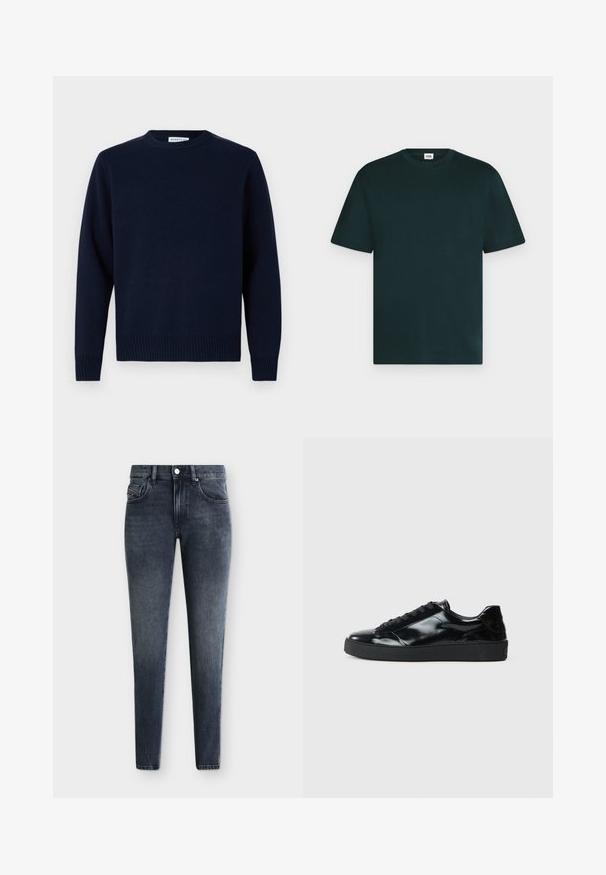 Pull bleu marine avec un col rond, des poignets et un ourlet côtelés. Fabriqué en matériau tricoté doux, avec un design simple et classique.; T-shirt uni vert foncé à manches courtes et col rond, posé à plat sur un fond clair avec une petite étiquette de marque blanche visible à l’intérieur du col.; Jean slim fit gris foncé délavé avec poches avant et poche monnaie, passants de ceinture, fermeture à bouton et détails de coutures visibles sur un fond uni.; Baskets en cuir verni noir avec un bout arrondi, un laçage, une semelle en caoutchouc texturé et une finition lisse.