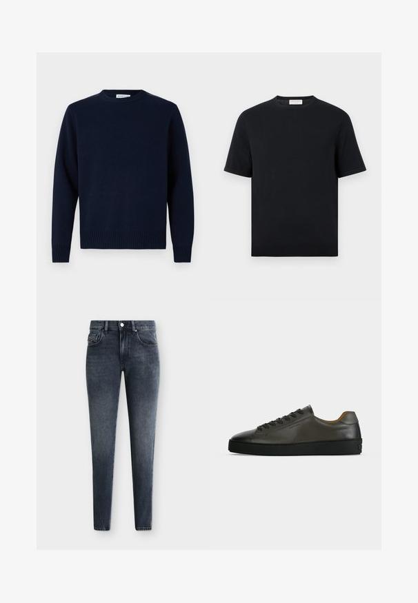 Pull bleu marine avec un col rond, des poignets et un ourlet côtelés. Fabriqué en matériau tricoté doux, avec un design simple et classique.; T-shirt noir à manches courtes avec col rond, ourlet et poignets côtelés, design uni, présenté sur un fond blanc.; Jean slim fit gris foncé délavé avec poches avant et poche monnaie, passants de ceinture, fermeture à bouton et détails de coutures visibles sur un fond uni.; Basket basse en cuir gris foncé avec lacets et semelle noirs, design minimaliste, profil latéral sur un fond clair uni.