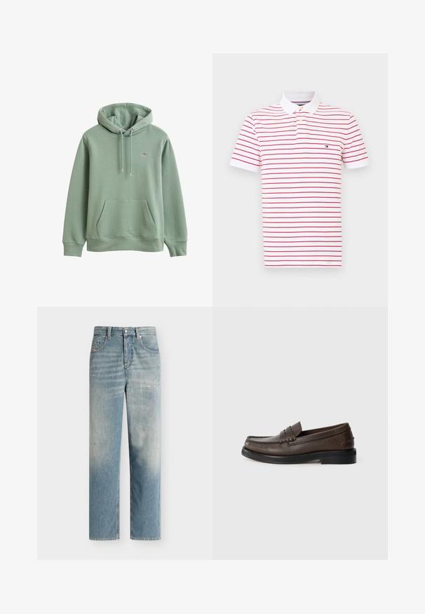 Sweat à capuche vert clair avec poche devant, capuche avec cordon réglable, poignets côtelés et petit logo brodé sur la poitrine.; Polo en coton blanc avec des rayures horizontales rouges. Comprend un col classique, une patte de boutonnage à trois boutons et un petit logo sur la poitrine.; Jean bleu clair à jambes droites avec taille haute, légère décoloration et détails subtils usés près des poches avant et des cuisses.; Mocassin en cuir marron avec un détail cousu sur la pointe, semelle plate et petit talon empilé. Texture lisse avec des éléments de design minimalistes.