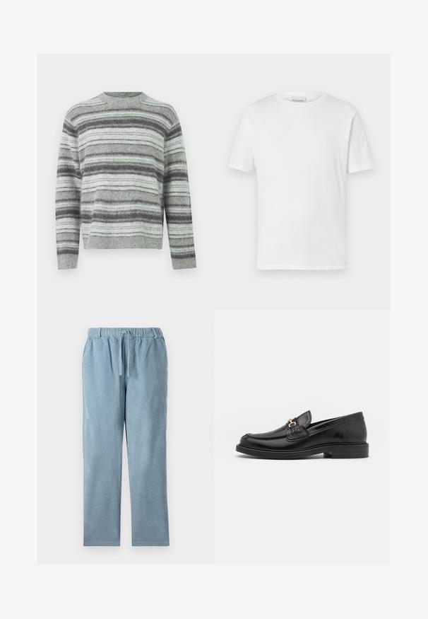 Lysegrå sweater med mørkegrå og hvide horisontale striber, lavet af blødt strikket materiale, med rund halsudskæring og lange ærmer.; Hvid kortærmet t-shirt lavet af bomuld. Har en rund halsudskæring og lige kant. Ingen mønstre eller udsmykninger. Enkel design.; Lyseblå fløjlspants med elastisk talje, snoretilpasning, lige ben-form og ribbet tekstur. Ingen synlige lommer.; Sorte læder loafers med en rund tå, der har guld hardware accent og syningsdetaljer, placeret på en lav, tekstureret gummisål.
