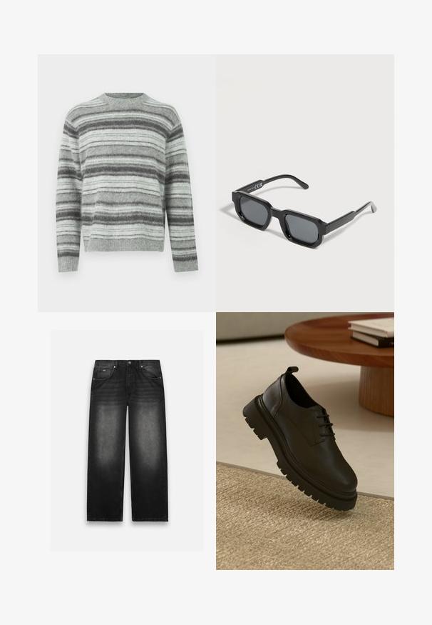 Lichtgrijze trui met donkergrijze en witte horizontale strepen, gemaakt van zacht gebreid materiaal, met een ronde hals en lange mouwen.; Zwarte denim jeans met een wijde pijp. Beschikt over vijf zakken, lichte vervaging en stevige stiksels. Met knoop- en ritssluiting.; Zwarte leren schoen met een gestructureerd oppervlak, ronde neus, vetersluiting en een chunky zwarte rubberen zool. Drijft boven een geweven vloerkleed.; Zwarte rechthoekige zonnebril met dikke monturen en donker getinte glazen, schuin geplaatst op een witte achtergrond.