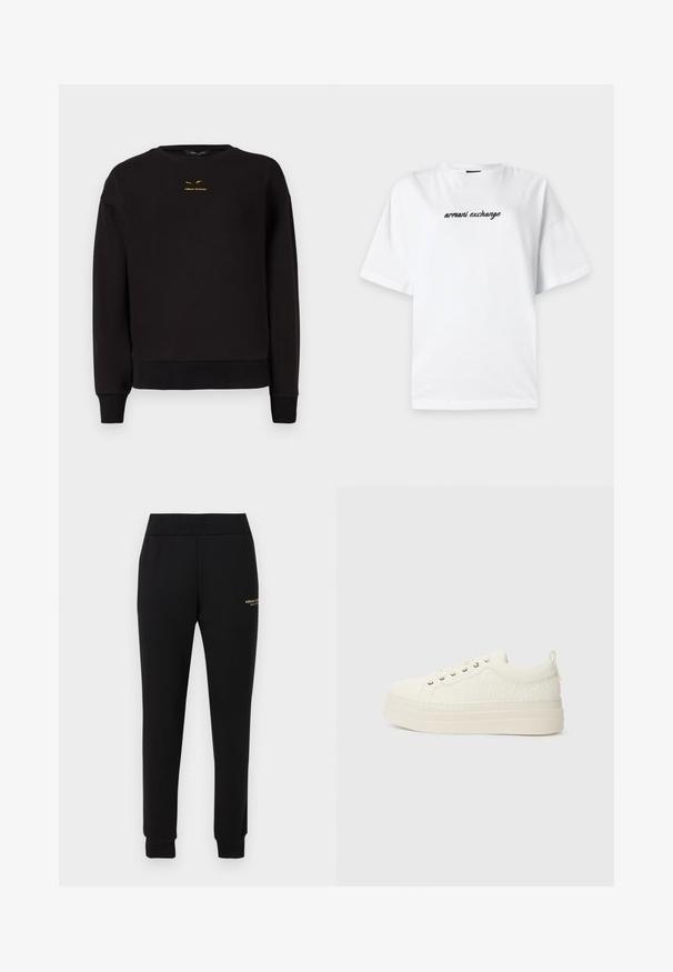 Zwarte sweatshirt gemaakt van zacht materiaal met een ronde hals, geribbelde manchetten en zoom. Opvallende gele borduursel van "A|REMAN EXCHANGE" aan de voorkant.; Wit T-shirt met korte mouwen en zwarte "armani exchange" tekst gecentreerd op de borst, afgebeeld tegen een lichtgrijze achtergrond.; Zwarte taps toelopende sweatpants met een elastische tailleband en boorden, voorzien van een klein gouden "Armani Exchange" logo op de rechterdij.; Witte sneakers met een gestructureerde bovenkant, platte zool, ronde neus en een klein trekloopje aan de hiel. Voorzien van metalen veterogen.