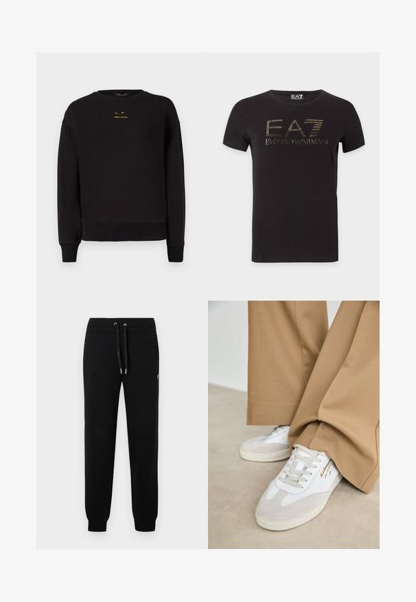 Μαύρο sweatshirt φτιαγμένο από μαλακό ύφασμα με λαιμόκοψη, ριμπ μανίκια και ριμπ στρίφωμα. Ξεχωριστή κίτρινη κεντημένη επιγραφή "A|REMAN EXCHANGE" στο μπροστινό μέρος.; Μαύρο κοντομάνικο μπλουζάκι με χρυσλό λογότυπο EA7 Emporio Armani στο κέντρο στο στήθος, σε λευκό φόντο.; Μαύρο παντελόνι τζόγκινγκ με ελαστική μέση και κορδόνι, ριμπ μανσέτες και διακριτική λεπτομέρεια λογότυπου στο πλάι του ποδιού.; Λευκά sneakers με σουέτ λεπτομέρειες, υφασμάτινους κορδόνια και καουτσούκ σόλα. Συνδυασμένα με χαλαρούς καφέ παντελόνες. Λογότυπο εμφανίζεται στο πλάι.