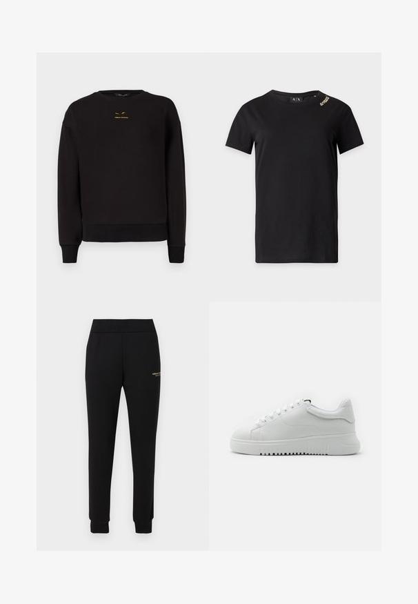 Sweatshirt noir en tissu doux, doté d'un col rond, de poignets et d'un ourlet côtelés. Broderie jaune notable de "A|REMAN EXCHANGE" sur le devant.; T-shirt noir à manches courtes avec col rond et petit détail doré près de l'épaule gauche, étiqueté Armani Exchange à l'intérieur du col.; Pantalon de survêtement noir fuselé avec taille et poignets élastiques, présentant un petit logo doré "Armani Exchange" sur la cuisse droite.; Baskets blanches avec une tige en cuir texturé, bout rond et lacets. Semelle en caoutchouc blanc épaisse avec un motif de traction texturé.