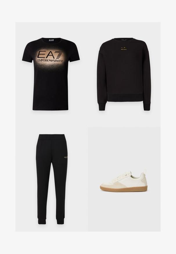 Μαύρο sweatshirt φτιαγμένο από μαλακό ύφασμα με λαιμόκοψη, ριμπ μανίκια και ριμπ στρίφωμα. Ξεχωριστή κίτρινη κεντημένη επιγραφή "A|REMAN EXCHANGE" στο μπροστινό μέρος.; Μαύρο βαμβακερό t-shirt με διαβαθμισμένο χρυσό λογότυπο και την επιγραφή "EA7 EMPORIO ARMANI" με έντονα γράμματα στο στήθος. Κοντά μανίκια.; Μαύρο στενό παντελόνι φόρμας με ελαστική μέση και τελειώματα, με μικρό χρυσό λογότυπο "Armani Exchange" στον δεξί μηρό.; Λευκά αθλητικά παπούτσια από δέρμα και σουέτ, με υφή επιφάνειας, στρογγυλή μορφή και σόλα από καουτσούκ γόμας. Σχέδιο με κορδόνια και λαβή στο πίσω μέρος.