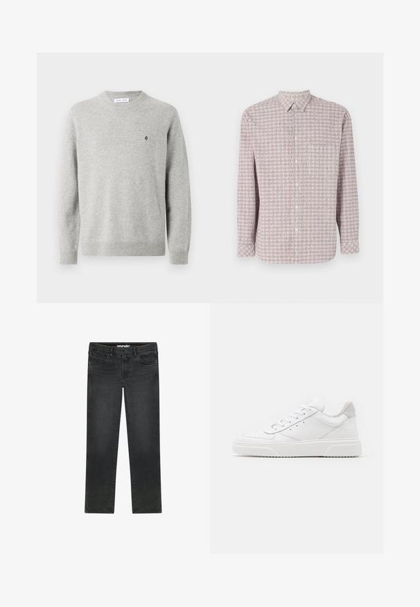 Suéter de punto gris claro con cuello redondeado, mangas largas, puños y dobladillo acanalados, que presenta un pequeño logo negro en el pecho.; Camisa de manga larga abotonada en rosa claro con un patrón cuadrado texturizado. Tejido de algodón, cuello clásico y cierre de botones.; Vaqueros Wrangler negros de corte recto con botón delantero, cremallera, trabillas para el cinturón y diseño de cinco bolsillos sobre fondo blanco.; Zapatillas de cuero blanca con un acabado suave, punta redondeada, cordones planos y una suela texturada. Acento de ante gris en el talón.