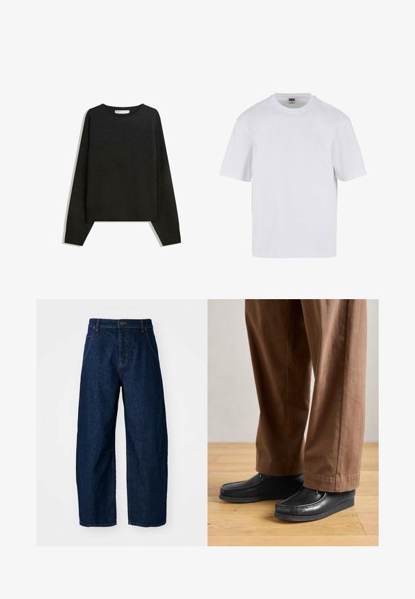 Pull en maille noir avec un col rond, des poignets et un ourlet côtelés. La coupe est ample avec des épaules tombantes pour un fit décontracté.; T-shirt blanc à manches courtes en coton. Il présente un col rond et une coupe décontractée. Texture lisse, design minimaliste, sans motifs ni accents.; Jean en denim foncé à jambes larges et taille haute, avec cinq poches, fermeture à l'avant par bouton et détails de couture visibles.; Chaussures en cuir noir au design mocassin avec des détails de couture, accompagnées de pantalons bruns, sur un sol en bois.