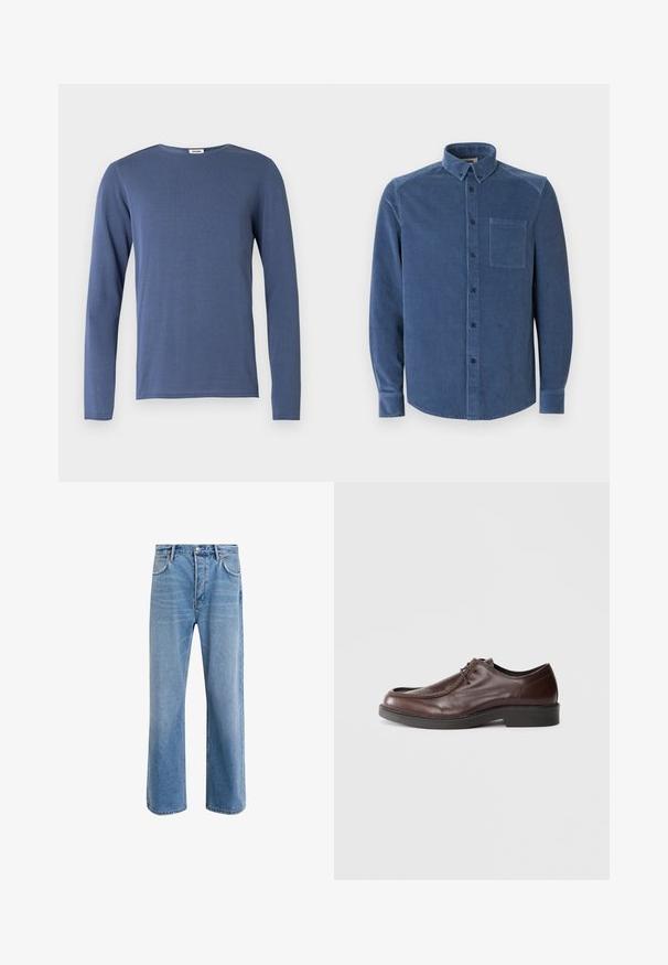 Langærmet, rundhals trøje i mellemblå. Fremstillet af blødt stof med en subtil tekstur. Rette snit og minimal detaljering.; Blå fløjlsbluse med knappet krave, lange ærmer, frontlomme og skjult knaplukning med matchende knapper.; Lyseblå denim jeans med lige ben-design, fem lommer, knaplukning, minimal falming og kontraststingdetaljer.; Brune lædersko med rund tå, minimal syning og en solid sort sål. Har snørelukning og en glat overflade.
