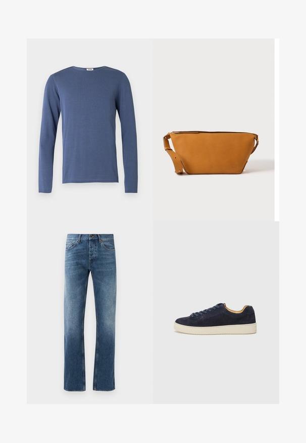 Langærmet, rundhals trøje i mellemblå. Fremstillet af blødt stof med en subtil tekstur. Rette snit og minimal detaljering.; Blå denim jeans med lige ben design, falmede vask, fem lommer og kontrastsyning. Knap- og lynlås-lukning i taljen.; Marineblå ruskinds lav-top sneaker med rund tå, off-white gummisål og matchende snørebånd; har en kontrasterende tan indvendig foring.; Lys brun læder crossbody taske med justerbar rem og lynlås, vist mod en ensartet lys baggrund.