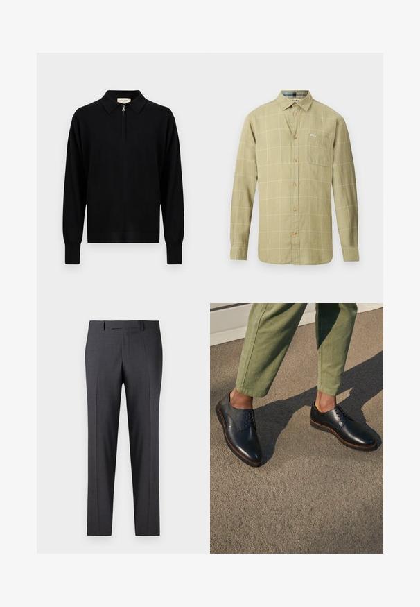 Schwarzer Polopullover mit langen Ärmeln, kurzem silbernem Reißverschluss am Kragen und gerippten Bündchen, unifarben vorne auf weißem Hintergrund.; Hellolivgrünes Hemd mit langen Ärmeln, Knopfleiste, weißem Rastermuster und Brusttasche, auf weißem Hintergrund dargestellt.; Maßgefertigte dunkelgraue Hosen aus einem glatten, strukturierten Stoff; mit flacher Vorderseite und geraden Beinen; minimalistisches Design ohne sichtbare Akzente.; Schwarze Leder-Schnürschuhe mit spitzen Zehen und braunen Nähten, getragen zu grünen Hosen auf einer grauen Oberfläche.