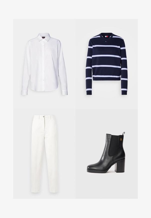 Pull rayé marine avec des rayures blanches horizontales, col rond côtelé et manches ajustées. Fabriqué en tissu tricoté doux.; Chemise blanche à manches longues, boutonnée, fabriquée en coton. Comprend un col classique et une broderie de marque discrète sur la poitrine. Texture lisse.; Pantalon en coton blanc avec une coupe droite, une texture subtile, une braguette zippée et une fermeture à bouton unique à la taille. Aucun détail de poche visible.; Bottines en cuir noir avec talon bloc, panneau élastique sur les côtés, languette d'enfilage et petit logo doré sur le dessus.